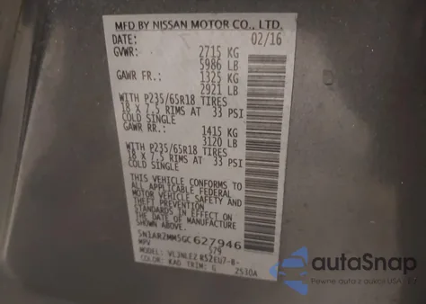 2016 Nissan Pathfinder Sv z USA, uszkodzony, nr VIN 5N1AR2MM5GC627946